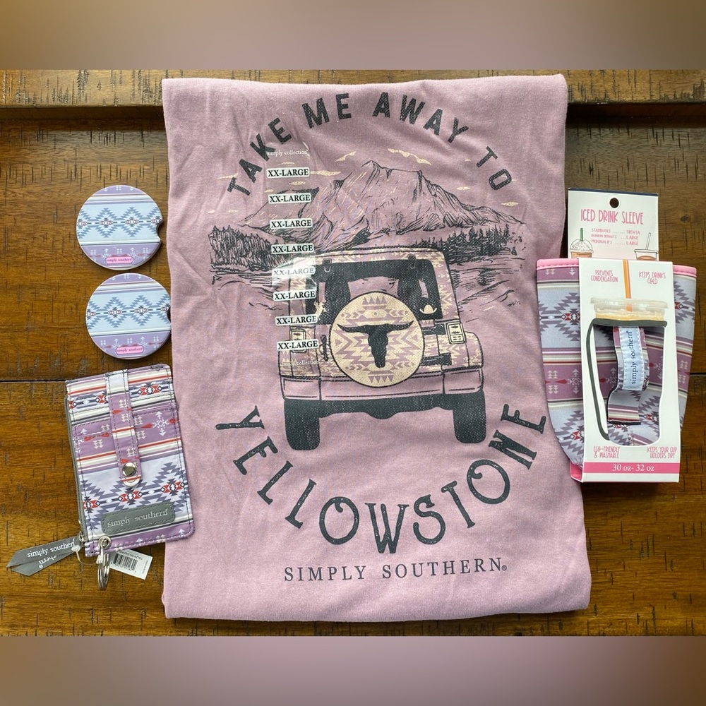 •NEW•Simply Southern V Neck Tee + 2 Car Coasters + ID Holder + Iced Drink Sleeve